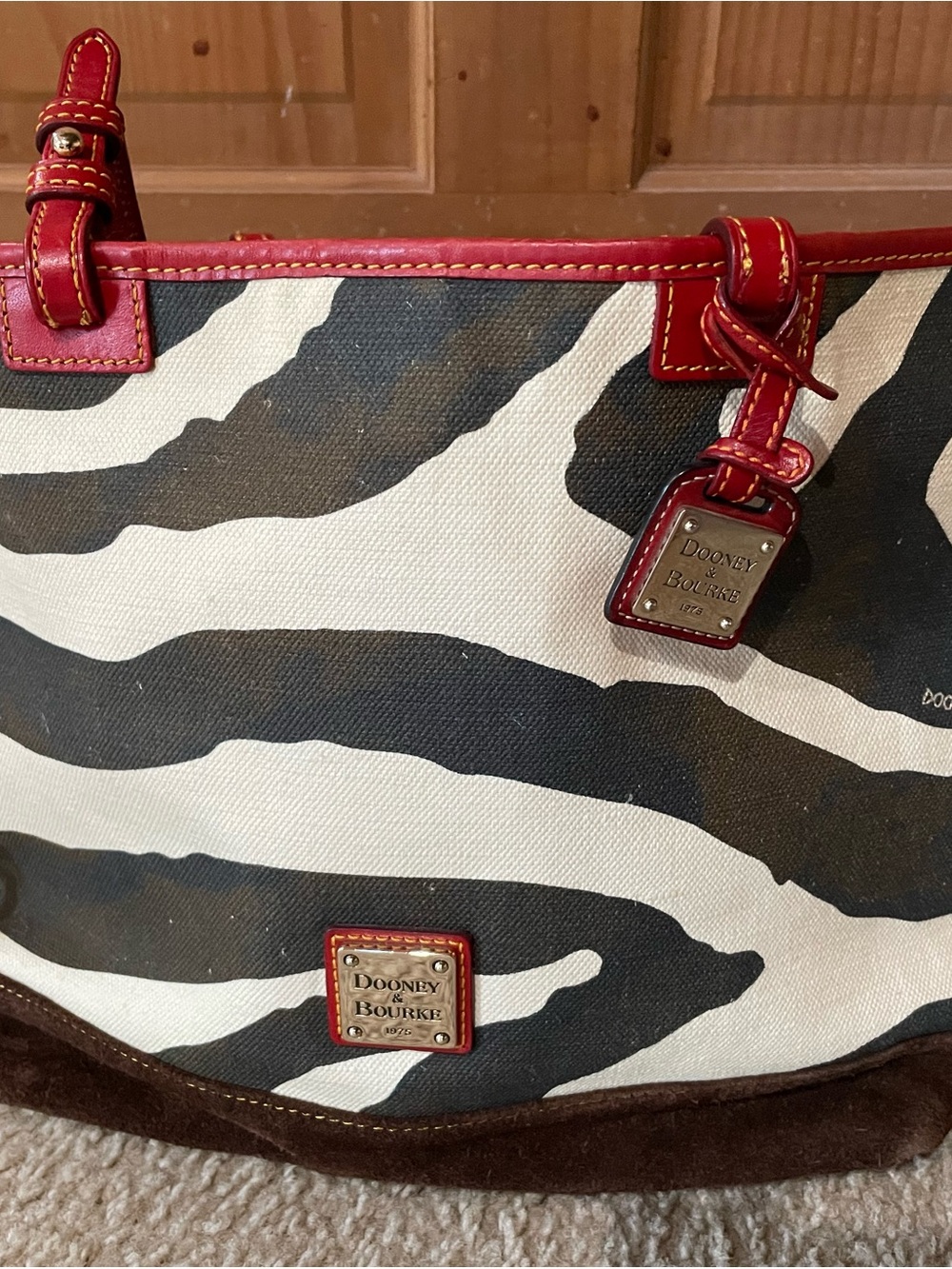 Dooney & Bourke Black & White Zebra Canvas Tote with Red Trim